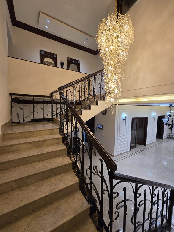 Staircase and entrance: Staircase & entrance: marble, railing & chandelier